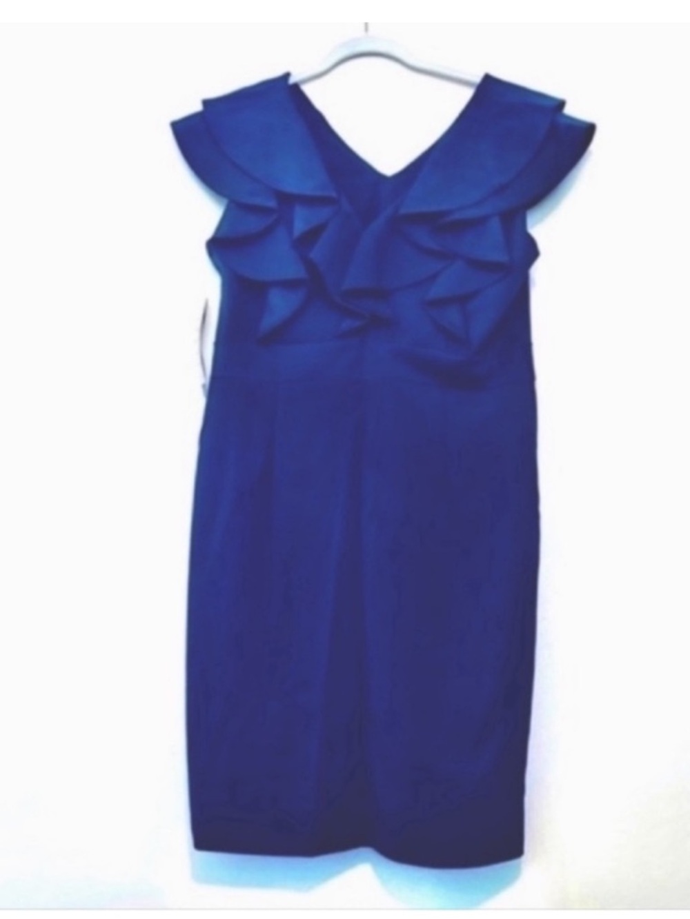 ILE New York Sleeveless Sheath Dress Ruffled V Neckline Blue Size 10 - Picture 2 of 8
